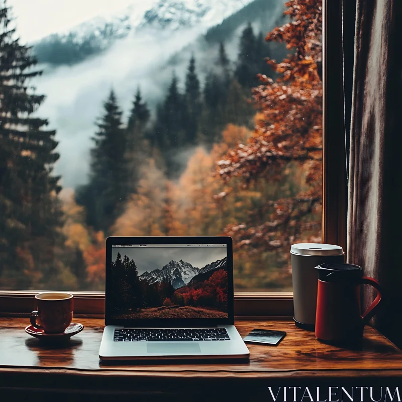 Autumnal Office Setup with Mountain View AI Image