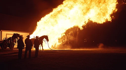 Nighttime Firefighting Scene with Horse
