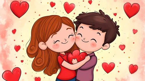 Loving Cartoon Couple with Floating Hearts