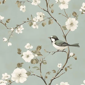 Bird on a Branch with White Flowers