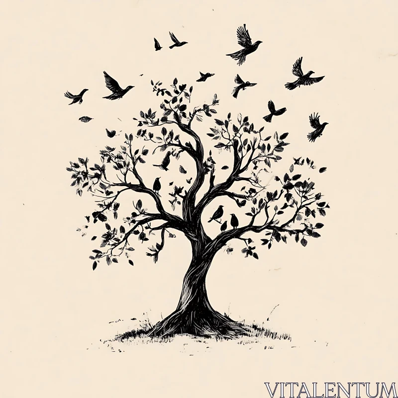 Birds Flying From Tree Illustration AI Image