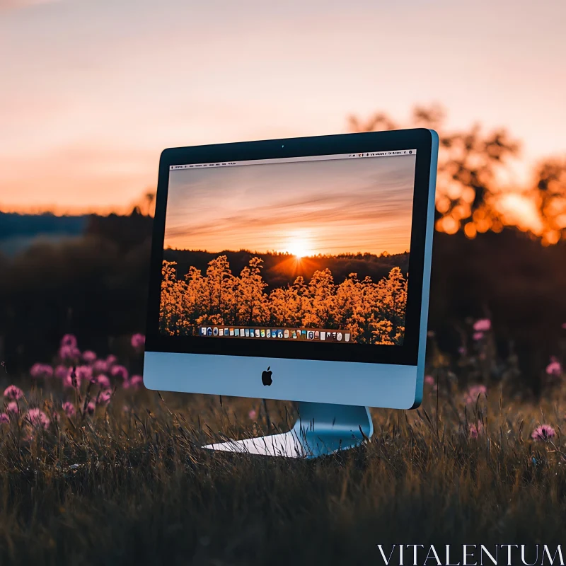 Sunset Reflection on Apple Desktop Screen AI Image