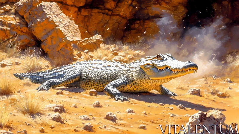 Sunlit Crocodile in Desert AI Image