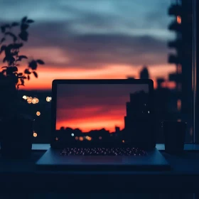 Urban Sunset Through Laptop Screen