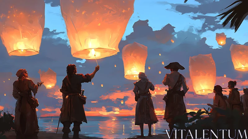 AI ART People Releasing Lanterns on Beach