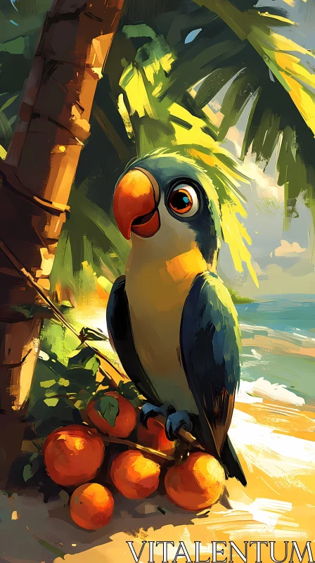 Colorful Parrot with Oranges by the Sea AI Image