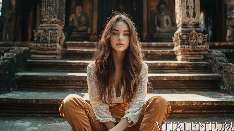 Woman in Lace on Temple Steps AI Image