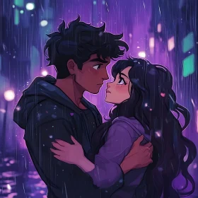 Anime Couple Embracing in Rainy Ambiance