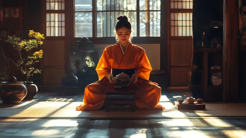 Woman Meditating with Tea Set