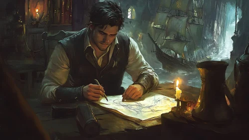 Candlelit Sketch of Sailing Ship