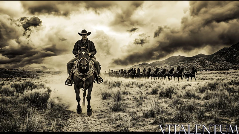 Sepia Cowboy Leading a Horseback Posse AI Image