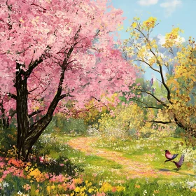 Floral Path with Birds in Spring