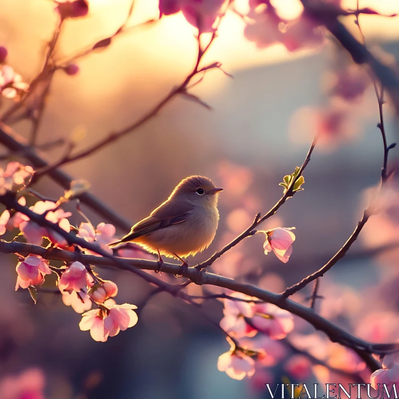 Spring Bird with Pink Blossoms AI Image