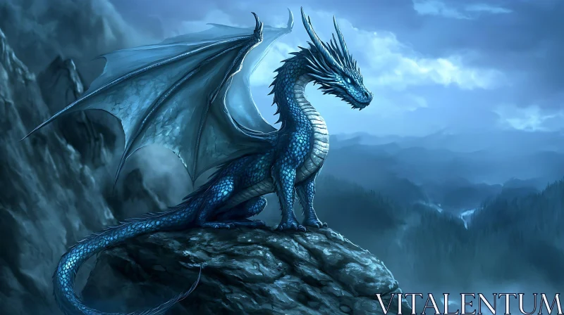 Fantasy Dragon Overlooking Misty Mountains AI Image