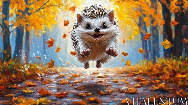 AI ART Hedgehog Bounding Through Autumn Leaves