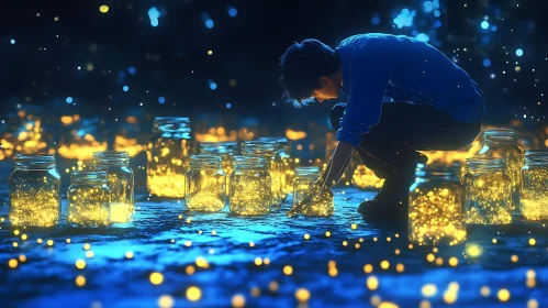 Boy Collecting Fireflies at Night