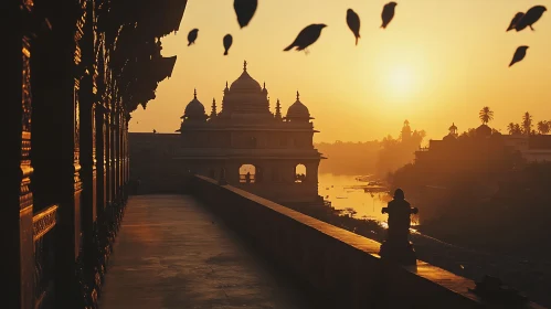 Temple at Sunrise with Birds Flying