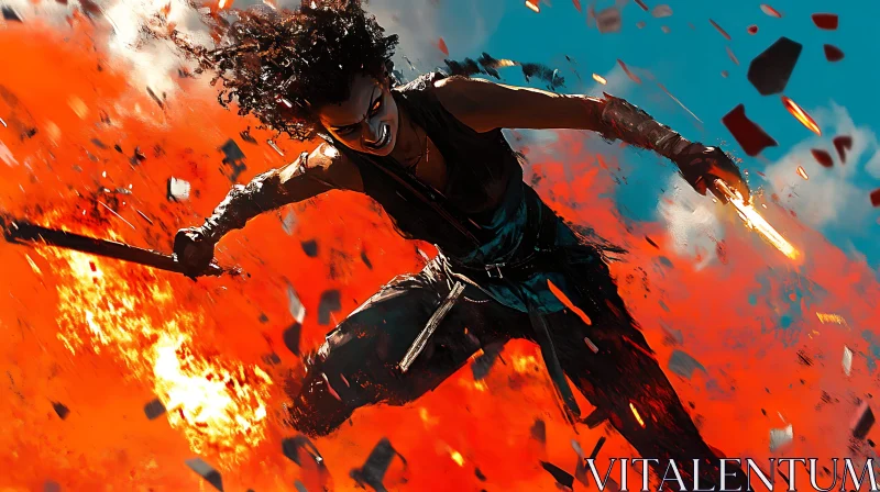 Warrior Woman Amidst Explosions AI Image