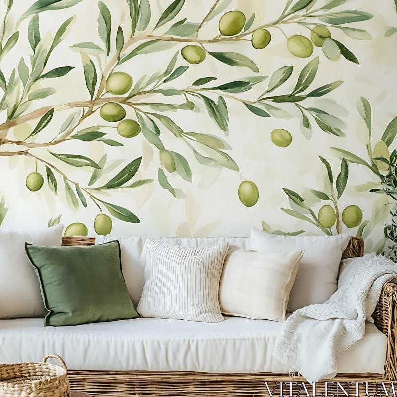 Living Room Decor with Olive Branches Mural AI Image