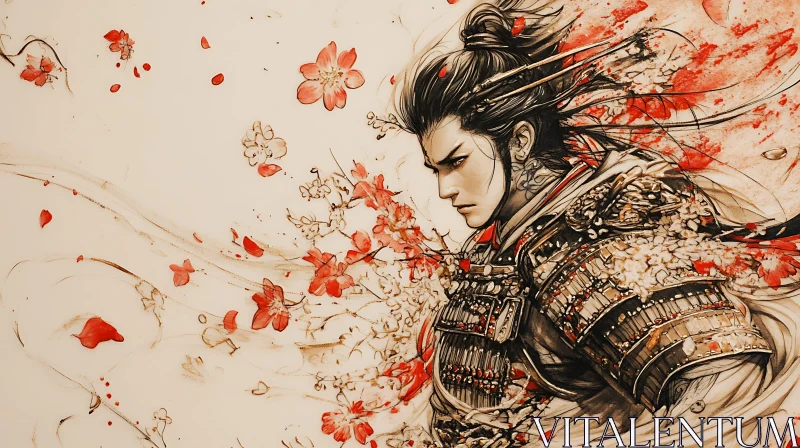 Man in Armor with Cherry Blossoms AI Image