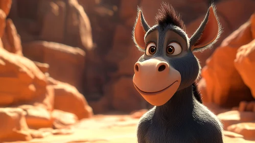 Smiling Cartoon Donkey in Sunlit Desert