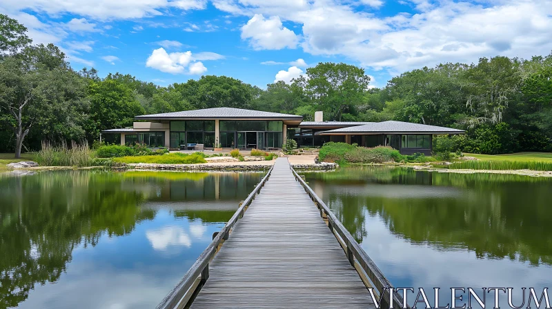 AI ART Contemporary Lakeside House with Bridge and Reflections