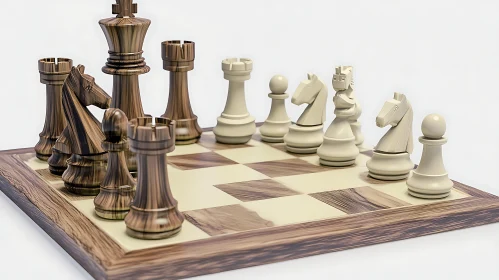 Chessboard with Wooden Carved Pieces