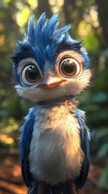 Cute Cartoon Bird in Sunlit Woods