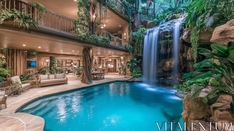 Opulent Interior with Waterfall and Surrounded by Nature AI Image