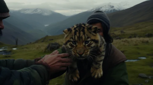 Captivating Encounter: A Man and a Tiger Cub in the Majestic Mountains