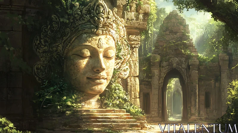 Serene Stone Face Amidst Ancient Temple Ruins AI Image