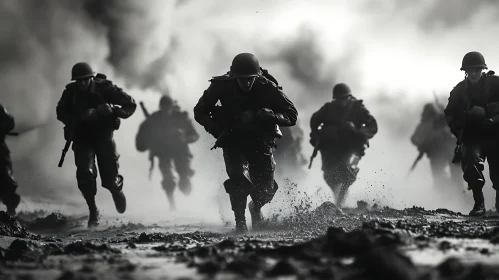 Monochrome Soldiers Running Through Battlefield