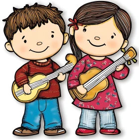 Kids Playing Guitars: Cartoon Art