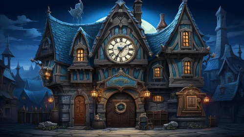Fantasy House with Clock in Night Scene - Medieval Inspired Art