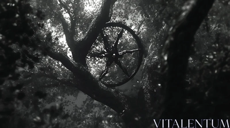 AI ART Monochrome Wheel in a Forest Tree