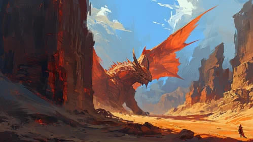 Majestic Red Dragon in Desert Canyon - Fantasy Art Painting