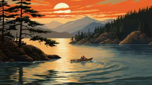 Man on Lake at Sunset: A Vintage Poster Design Inspired Painting