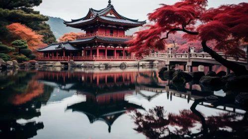 Red Japanese Pagoda Reflection - A Blend of Classical and Anime Aesthetics