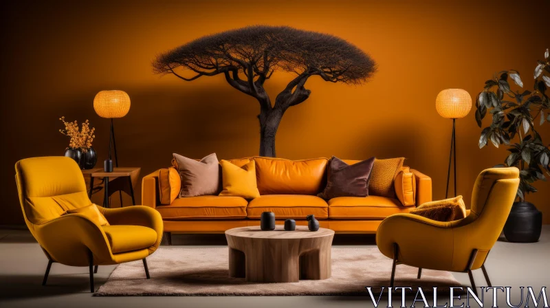 Sassy Orange Living Room with Moody Lighting and African Influence AI Image