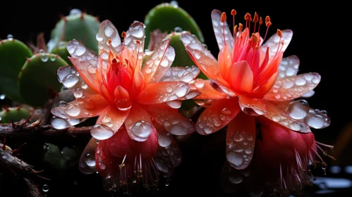 Serene Beauty of Cactus Flowers with Water Droplets