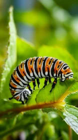 Striking Monarch Caterpillar on Leaf - A Colorful Masterpiece