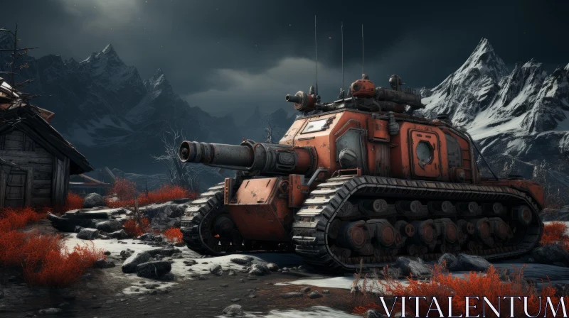 Tank in Snowy Landscape: Dark Crimson and Orange | Abstract Art AI Image