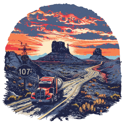 Vintage Red Semi-Truck in Desert Landscape - Classic Road Journey POD Design