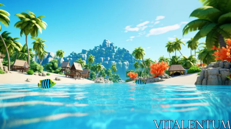 Whimsical 3D Island with Palm Trees and Mountains | Playful and Fun Atmosphere AI Image