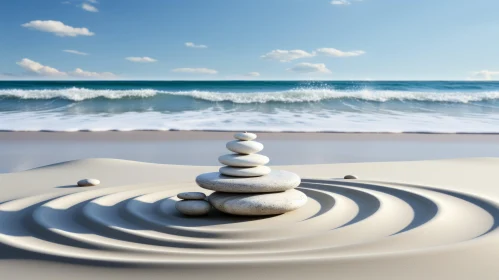 Zen-Inspired Beach Setting with Stacked Stones and Realistic Water