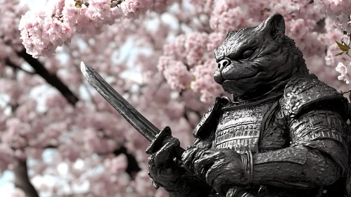 Ape Warrior Sculpture Under Pink Flowers