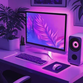 Futuristic Computer Desk Setup with Purple LED