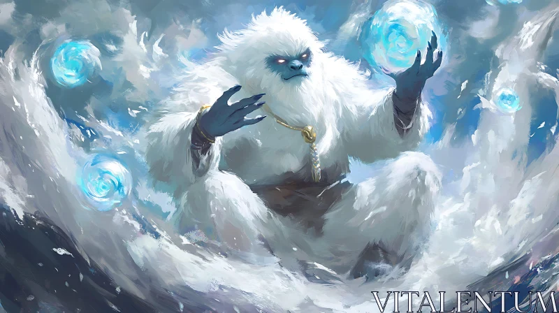 AI ART Snow Creature with Magic Ice Spheres