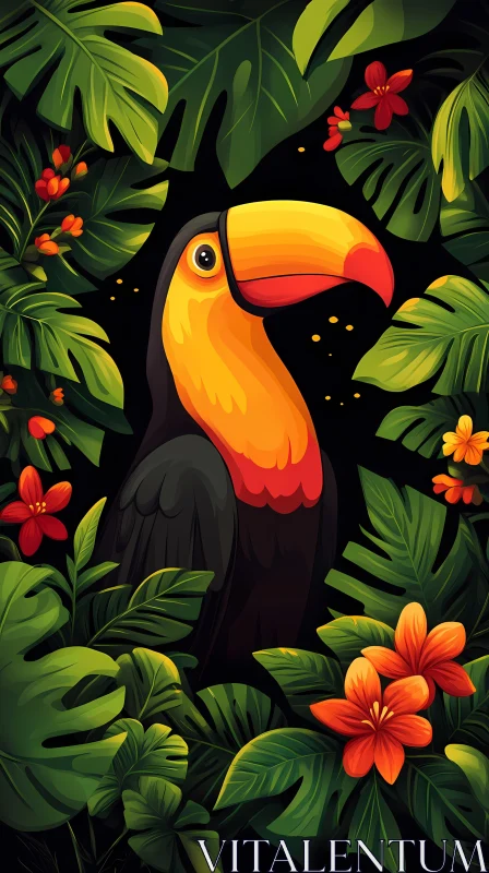 AI ART Toucan Surrounded by Jungle Leaves and Flowers