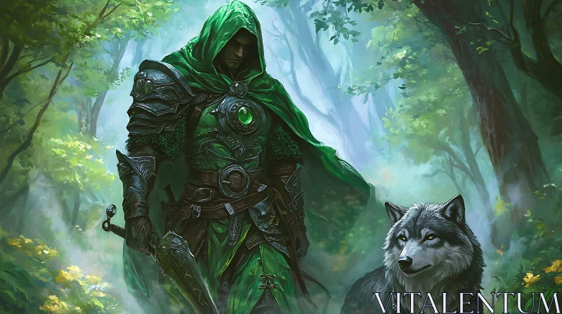 Green Armored Warrior with Wolf Companion AI Image